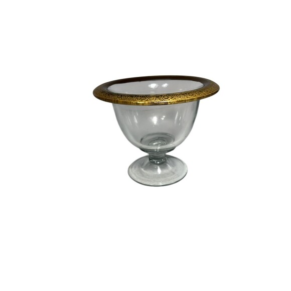 Vintage Glass Footed Candy Bowl Gold Encrusted Rim Paint Scroll Crystal Compote - Picture 3 of 11